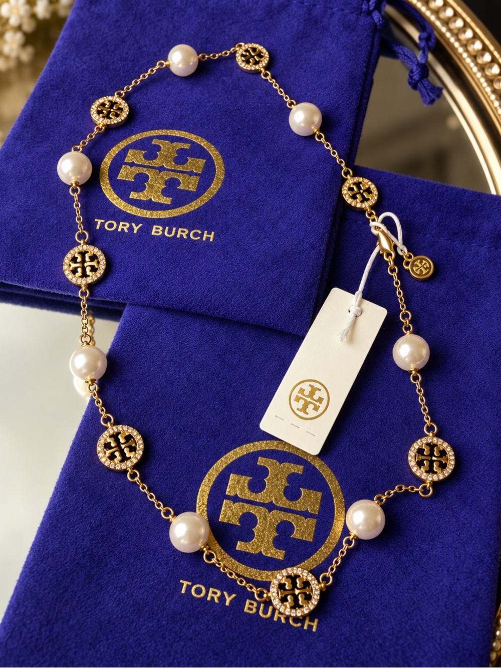 Tory Burch Gold Logo and Pearl Station Necklace